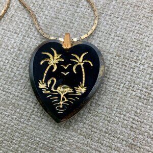 Black Glass Gold Tone Vintage Heart Shape Double Palm Flamingo Pendant